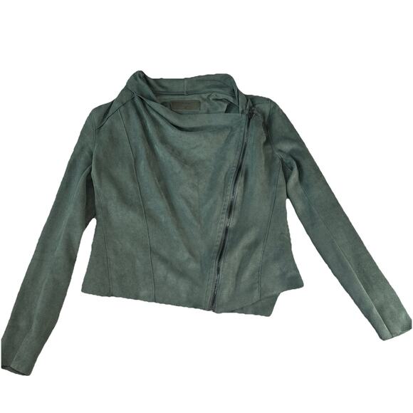 BLANK NYC Jacket Womens Medium Green Faux Micro Suede Moto Draped Front - Picture 1 of 8